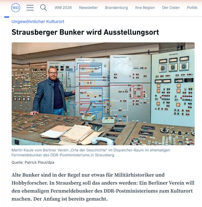Screenshot des MAZ-Artikels „Strausberger Bunker wird Ausstellungsort“